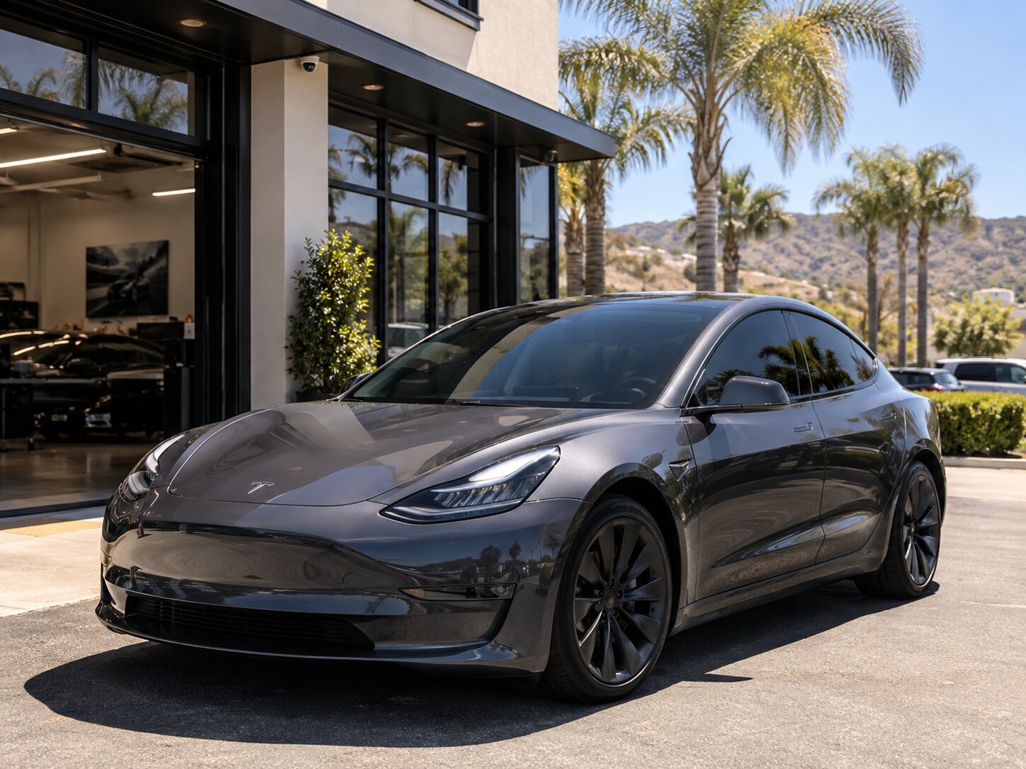 Tesla at showroom with tinted windows